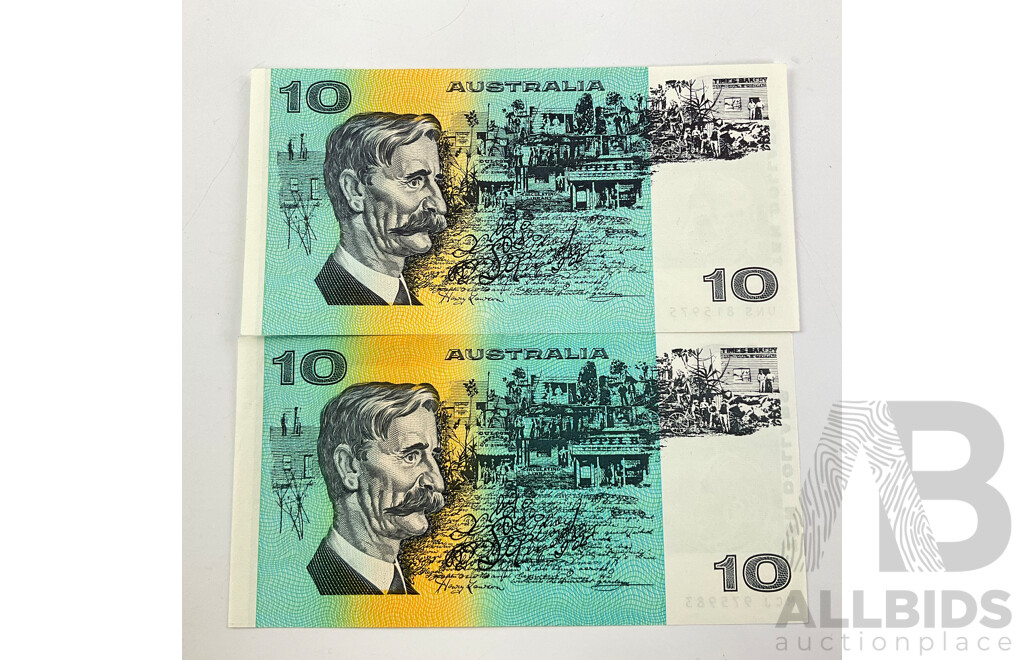 Two Australian Ten Dollar Notes, 1989 Fraser/Higgins R312 and 1985 Johnston/Fraser R309
