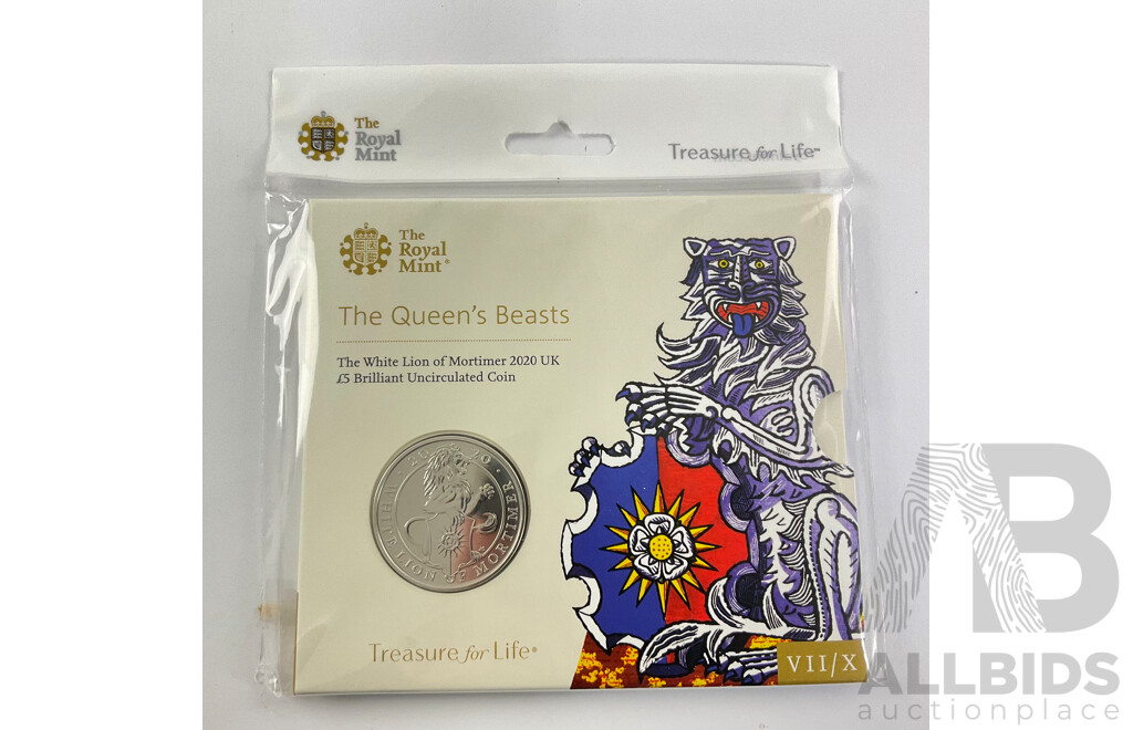 United Kingdom, The Royal Mint 2020 Brilliant Five Pound Coin, The Queen's Beasts White Lion of Mortimer in Sealed Packet