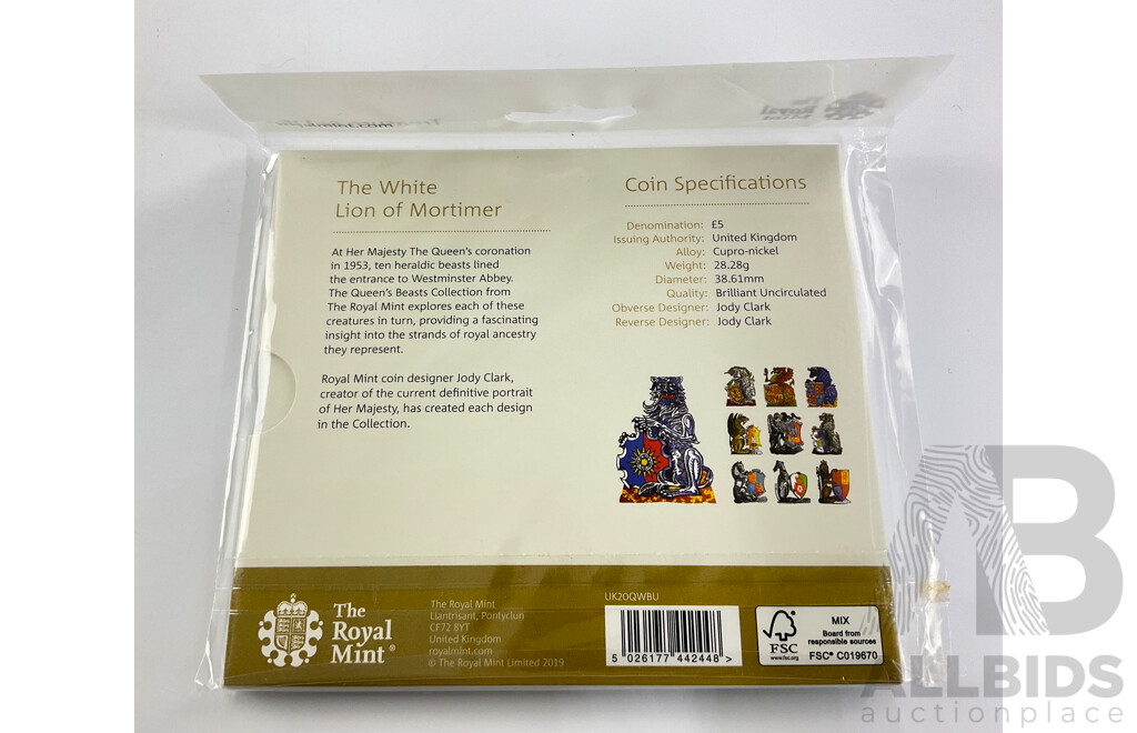 United Kingdom, The Royal Mint 2020 Brilliant Five Pound Coin, The Queen's Beasts White Lion of Mortimer in Sealed Packet