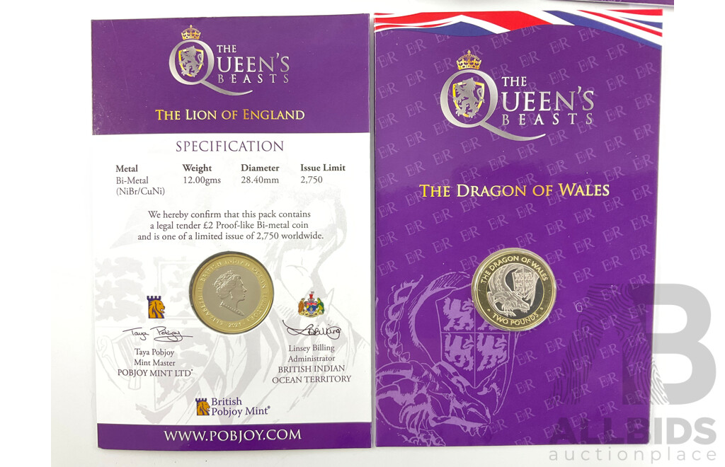 United Kingdom, the Royal Mint 2021 Prooflike Bi-metal Two Pound Queen's Beasts Coin Set