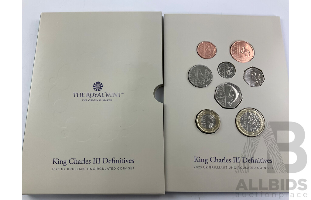 United Kingdom, The Royal Mint 2023 Brilliant Eight Coin Set, King Charles III Definitives