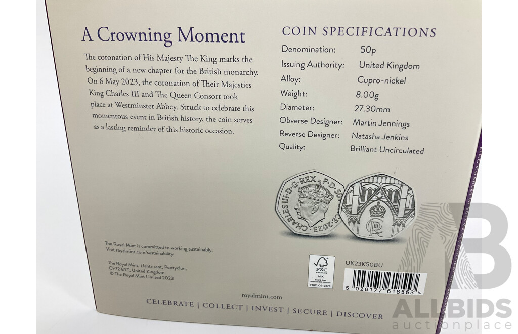 United Kingdom, The Royal Mint 2023 Brilliant Fifty Pence Coin, King Charles III Coronation