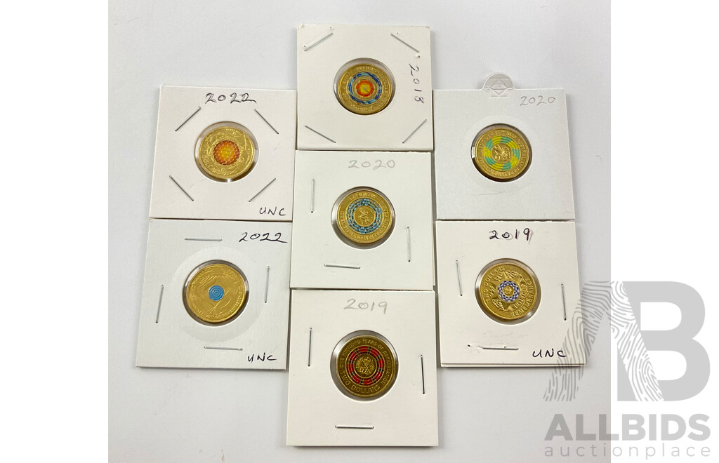 Seven Australian Commemorative Two Dollar Coins Including 2019 Police Remembrance 2018 Remembrance, 2022 Seventy Five Years Peace Keeping, 2022 Honey Bee, 2020 Resilience, 2020 Paralympic, 2019 Reparation,
