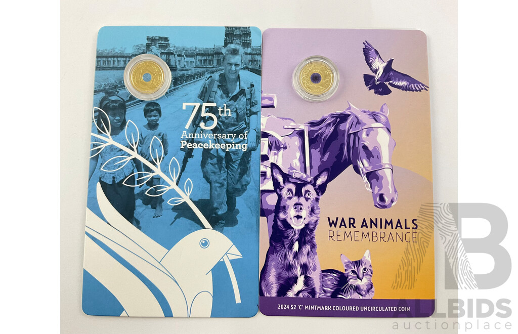 Two Australian RAM Commemorative Two Dollar Coins Including 2024 War Animals Remembrance C Mint Mark and 2022 Seventy Fifth Anniversary of Peace Keeping