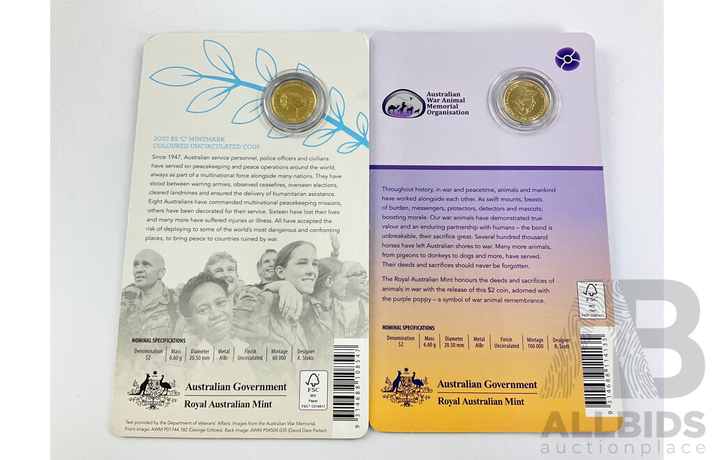 Two Australian RAM Commemorative Two Dollar Coins Including 2024 War Animals Remembrance C Mint Mark and 2022 Seventy Fifth Anniversary of Peace Keeping