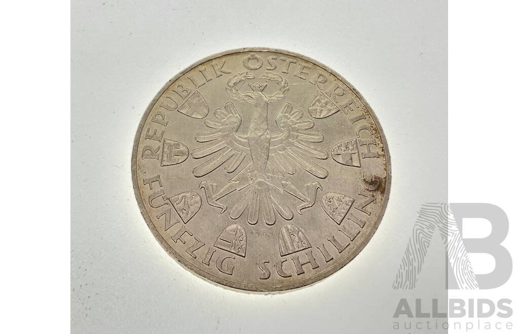 Austrian 1959 Silver Fifty Shilling Coin, 150th Anniversary of the Liberation of Tyrol .900