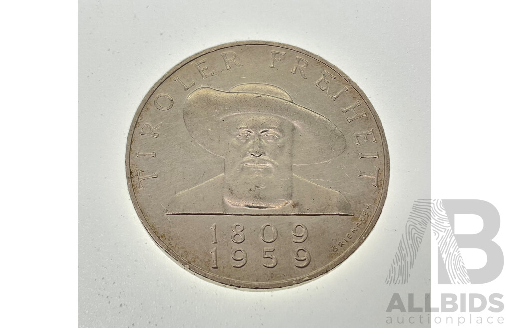 Austrian 1959 Silver Fifty Shilling Coin, 150th Anniversary of the Liberation of Tyrol .900