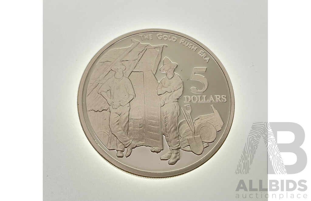 Australian 1995 Silver Proof Five Dollar Coin, the Gold Rush Era .925