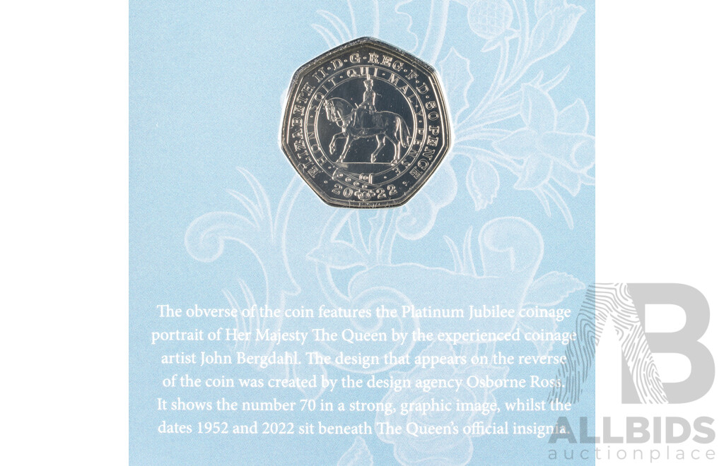Two United Kingdom Royal Mint 2022 Brilliant UNC Fifty Pence Coins, Platinum Jubilee of Her Majesty the Queen and Her Majesty Queen Elizabeth II