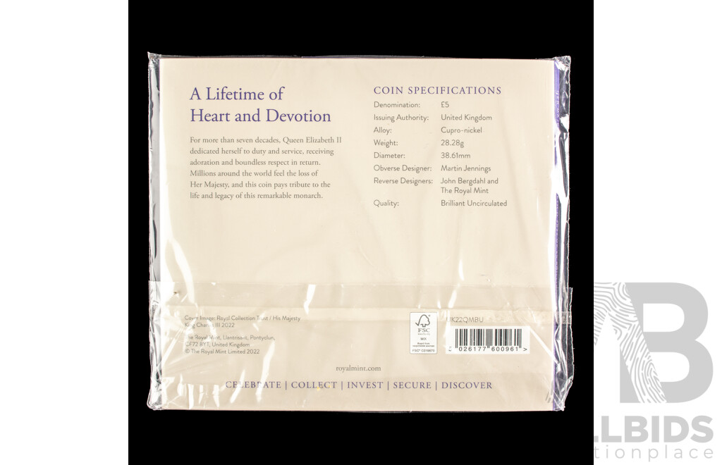 United Kingdom Royal Mint 2022 Brilliant UNC Five Pound Coin, Her Majesty Queen Elizabeth II