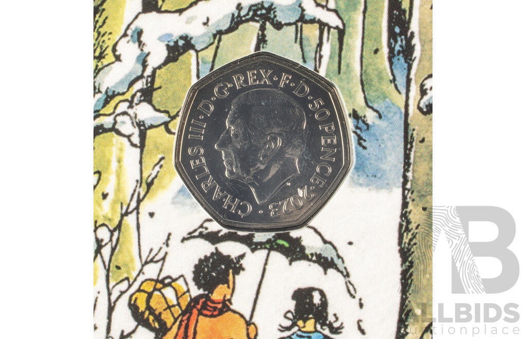 Two United Kingdom Royal Mint 2023 Brilliant UNC Fifty Pence Coins, 6 The Snowman and Narnia
