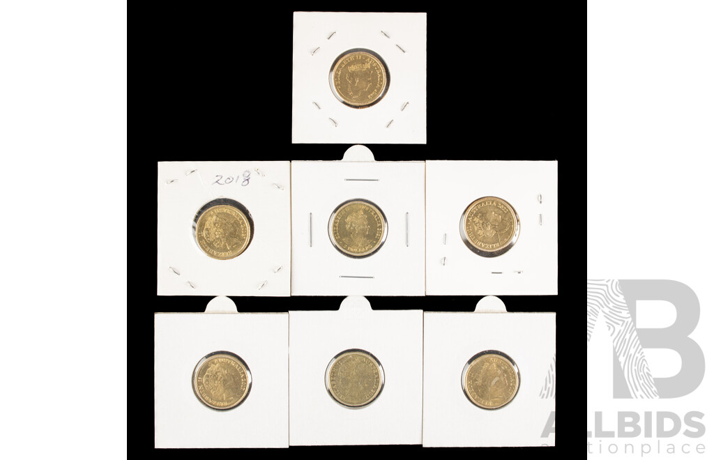 Seven Australian Commemorative Two Dollar Coins Including 2022 Honey Bee, 2022 Front Line Workers, Three 2017 Possum Magic, 2021 Indigenous Military Service, 2018 Lest We Forget