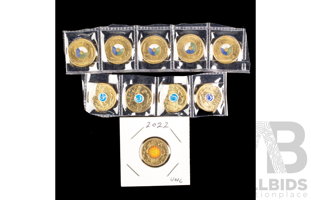 Ten Australian Commemorative Two Dollar Coins Including 2022 Honey Bee, Five 2020 Seventy Five Years End WW2, Four 2025 Australian Open