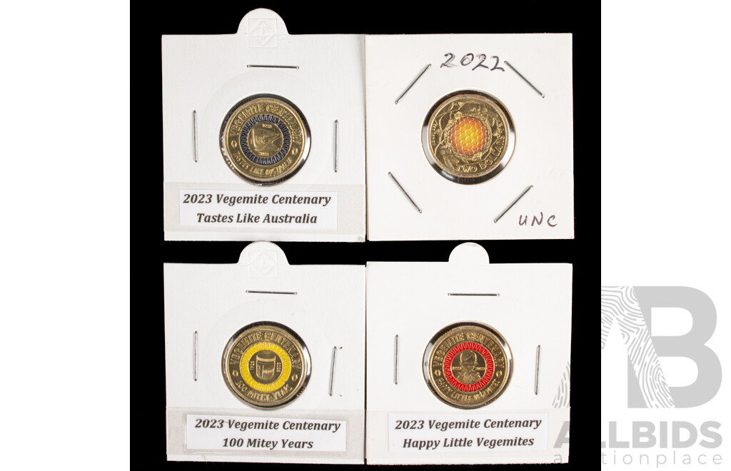 Three Australian 2023 Two Dollar Coins, Vegemite Centenary and 2022 Honey Bee