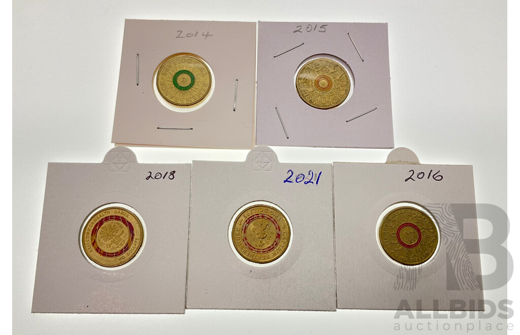Five Australian Commemorative Two Dollar Coins Including 2014 Remembrance, 2015 Remembrance, 2016 Olympic, 2018 Commonwealth Games, 2021 Captain Feather Sword