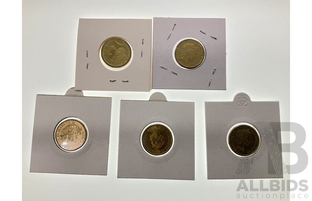 Five Australian Commemorative Two Dollar Coins Including 2014 Remembrance, 2015 Remembrance, 2016 Olympic, 2018 Commonwealth Games, 2021 Captain Feather Sword