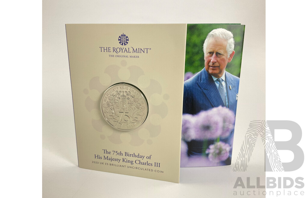 United Kingdom Royal Mint 2023 Brilliant Five Pound Coin, King Charles III 75th Birthday