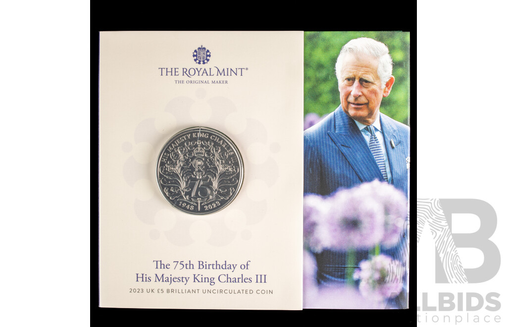 United Kingdom Royal Mint 2023 Brilliant Five Pound Coin, King Charles III 75th Birthday