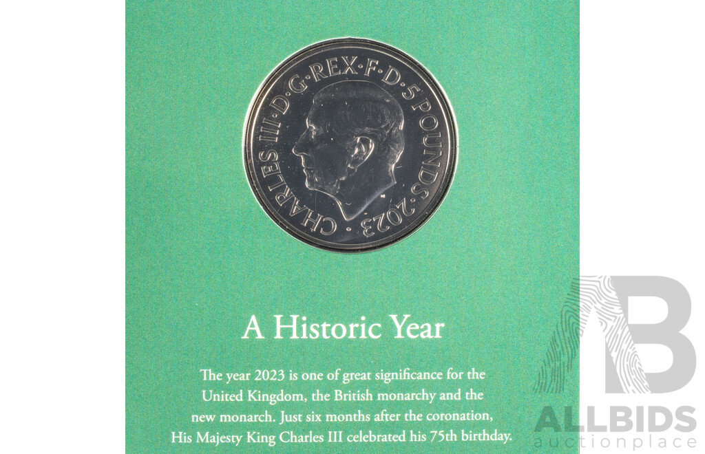 United Kingdom Royal Mint 2023 Brilliant Five Pound Coin, King Charles III 75th Birthday