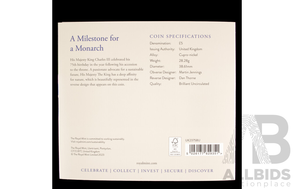 United Kingdom Royal Mint 2023 Brilliant Five Pound Coin, King Charles III 75th Birthday