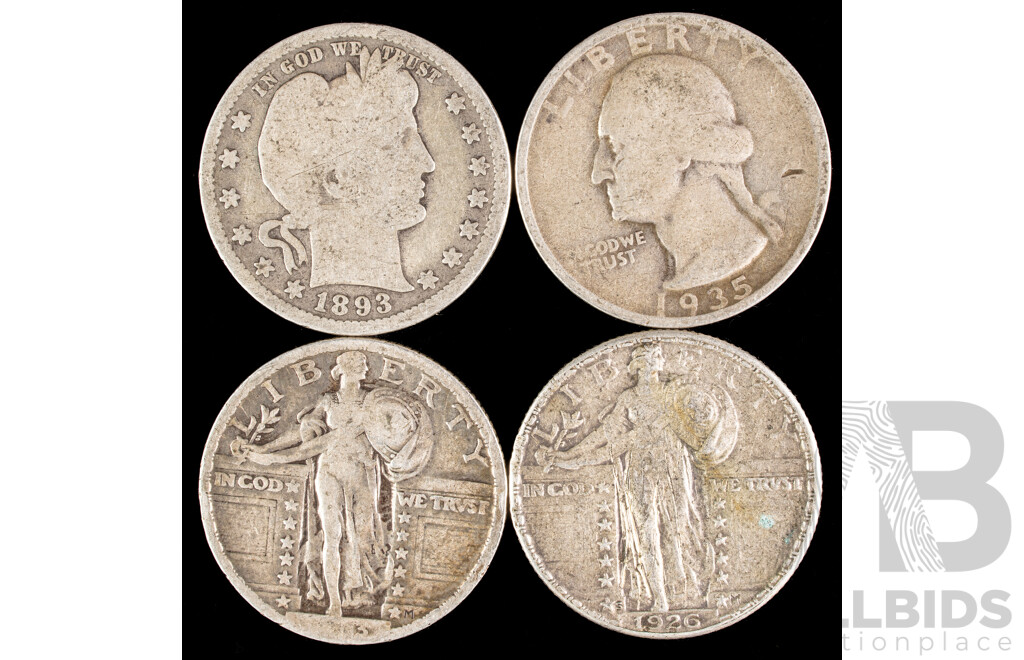 Four USA Silver Quarter Dollars Including 1893, 1926, 1923, 1935  .900