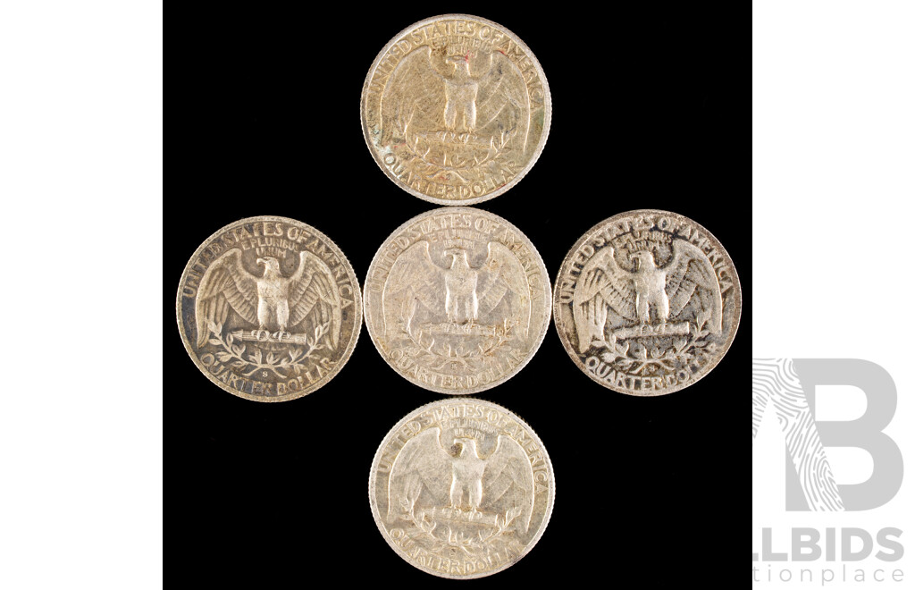 Five USA 1942 Silver Washington Quarter Dollars .900