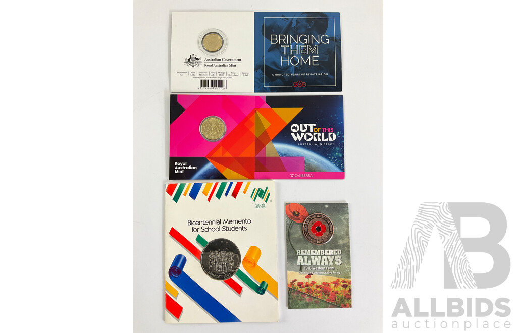 Australian Commemorative Coins and Medals Including 2024, One Dollar Out of This World, 2019 Two Dollars, Bringing Them Home, 2016 Always Remembered and Bicentennial Medals