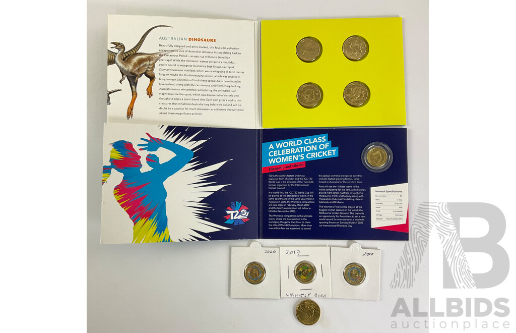 Australian 2022 One Dollar Dinosaurs Coin Set, Three 2020 Two Dollar Women's T20 Cup, 2019 Wallabies, 2023 One Dollar Matildas