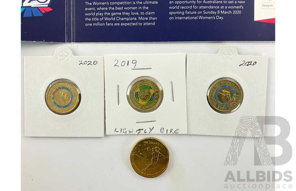 Australian 2022 One Dollar Dinosaurs Coin Set, Three 2020 Two Dollar Women's T20 Cup, 2019 Wallabies, 2023 One Dollar Matildas