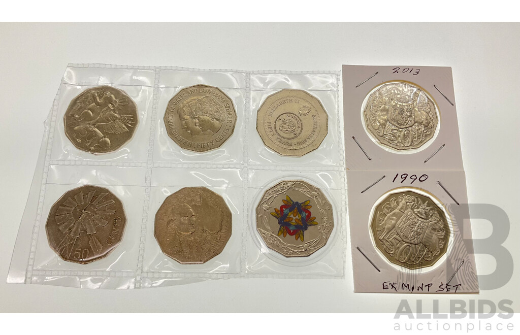 Eight Australian Fifty Cent Coins Including 2022 Coloured Christmas, 2016 Fifty Years Decimal Currency, 1981 Charles Diana, 1970 Cook, 2002 Outback, 2004 Student Design 1990 Ex Mint Set, 2013