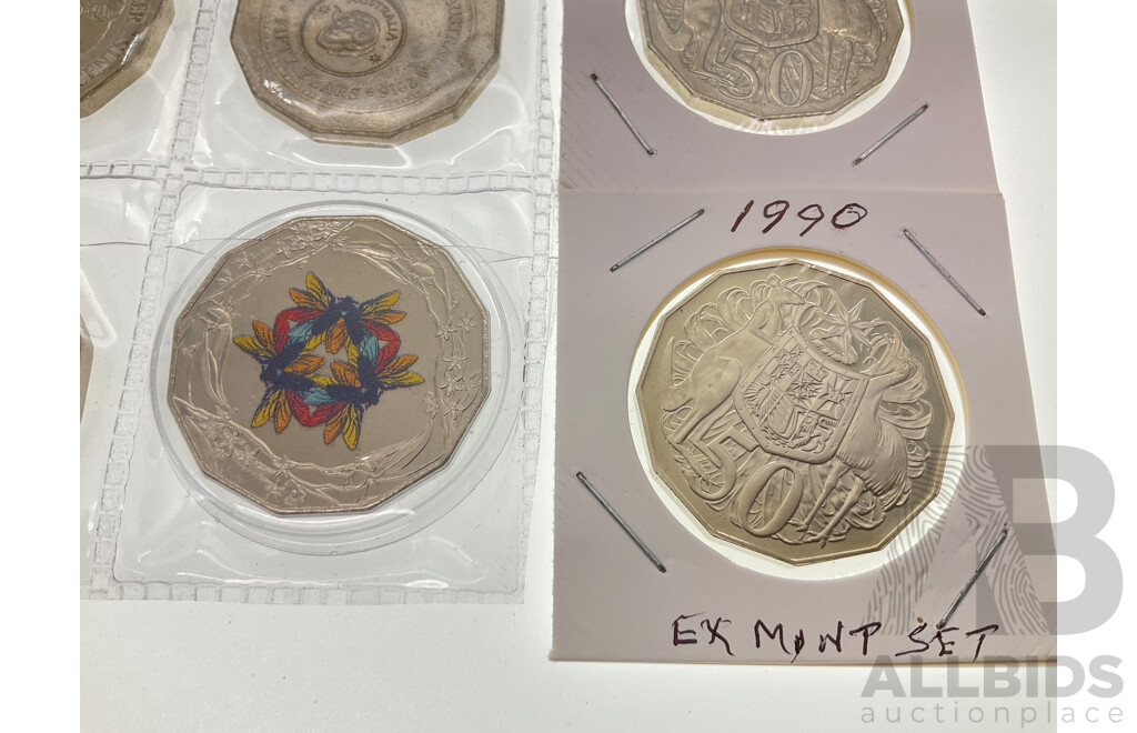 Eight Australian Fifty Cent Coins Including 2022 Coloured Christmas, 2016 Fifty Years Decimal Currency, 1981 Charles Diana, 1970 Cook, 2002 Outback, 2004 Student Design 1990 Ex Mint Set, 2013