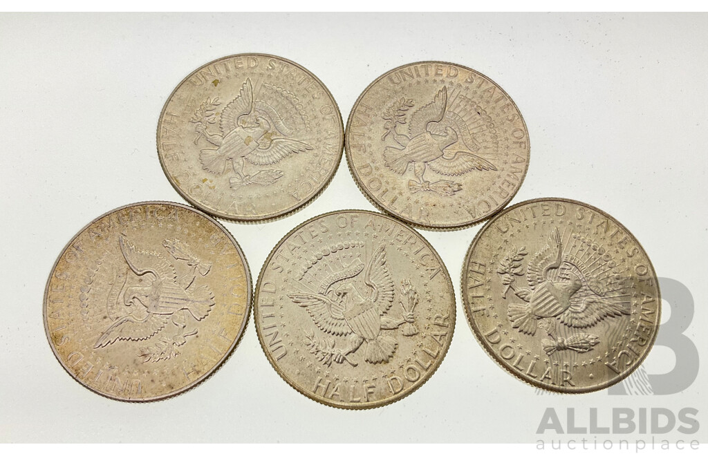 Five USA Silver Kennedy Half Dollars 1965, 1966, 1967, 1968, 1969  .400