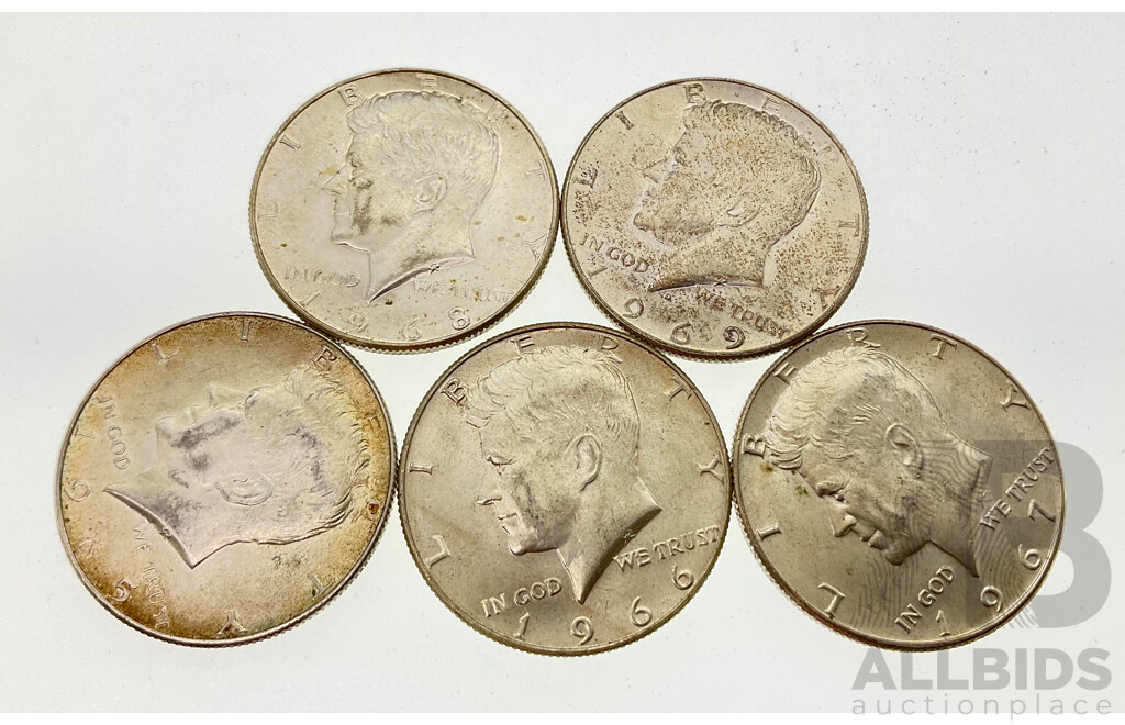 Five USA Silver Kennedy Half Dollars 1965, 1966, 1967, 1968, 1969  .400