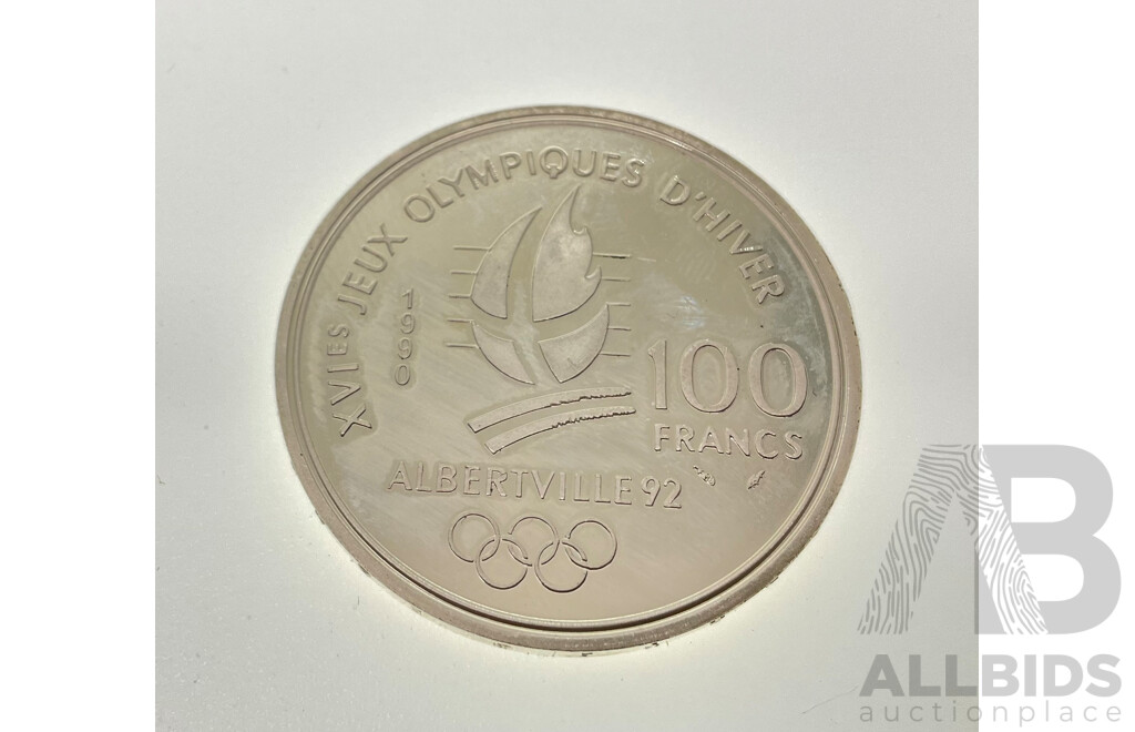 France 1992 Silver One Hundred Francs Coin, 1992 Olympics, Albertville Cross Country Skiing .900