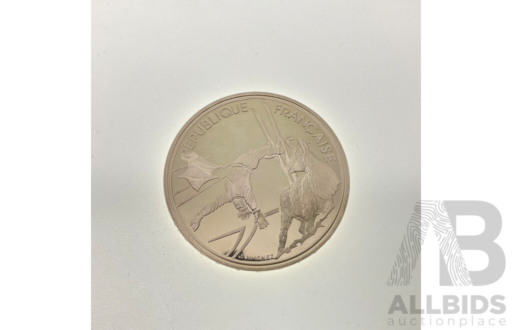 France 1990 Silver One Hundred Francs Coin, 1992 Olympics, Albertville Free Style Skiing .900