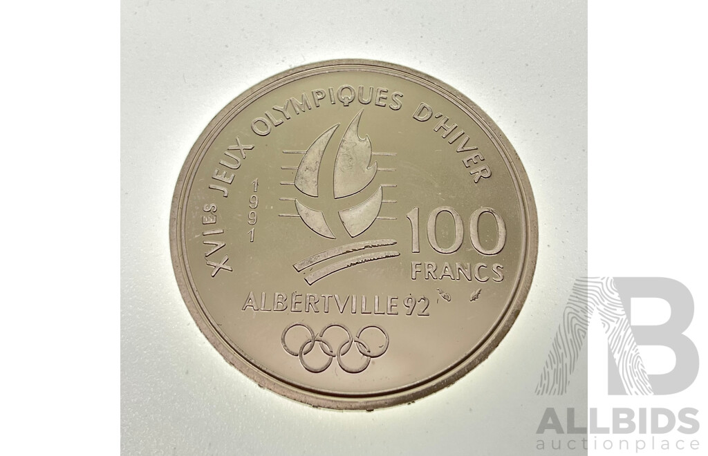 France 1991 Silver One Hundred Francs Coin, 1992 Olympics, Albertville Ice Hockey .900