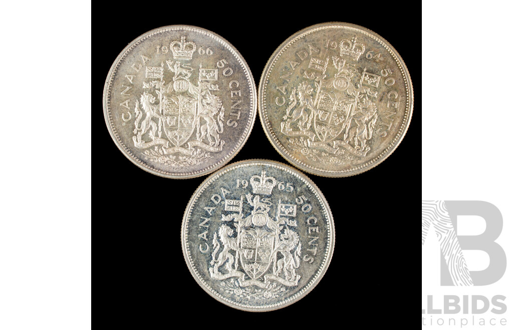 Three Canadian Silver QE2 Fifty Cent Coins, Years 1964, 1965, 1966  .800