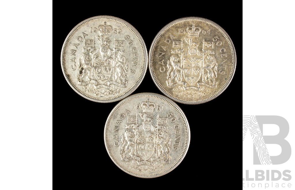 Three Canadian Silver QE2 Fifty Cent Coins, Years 1959, 1961, 1964 .800