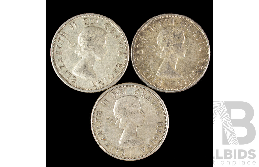 Three Canadian Silver QE2 Fifty Cent Coins, Years 1959, 1961, 1964 .800