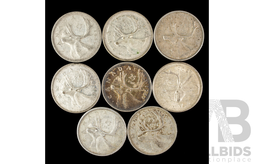 Eigth Canadian Silver KGVI/QE2 Twenty Five Cent Coins, Years 1941, 1951, 1956, 1957, 1961, 1968(3)  .800