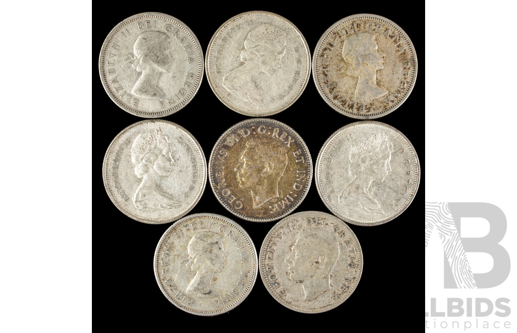 Eigth Canadian Silver KGVI/QE2 Twenty Five Cent Coins, Years 1941, 1951, 1956, 1957, 1961, 1968(3)  .800