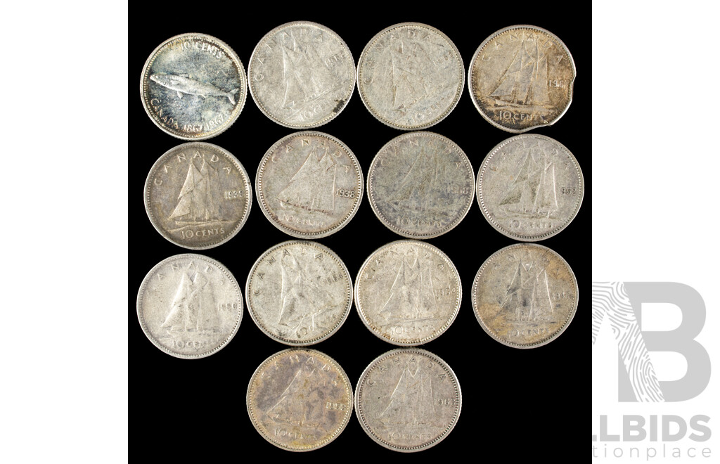 Fourteen Canadian Silver KGVI/QE2 Ten Cent Coins, Examples Spanning 1938 to 1968  .800