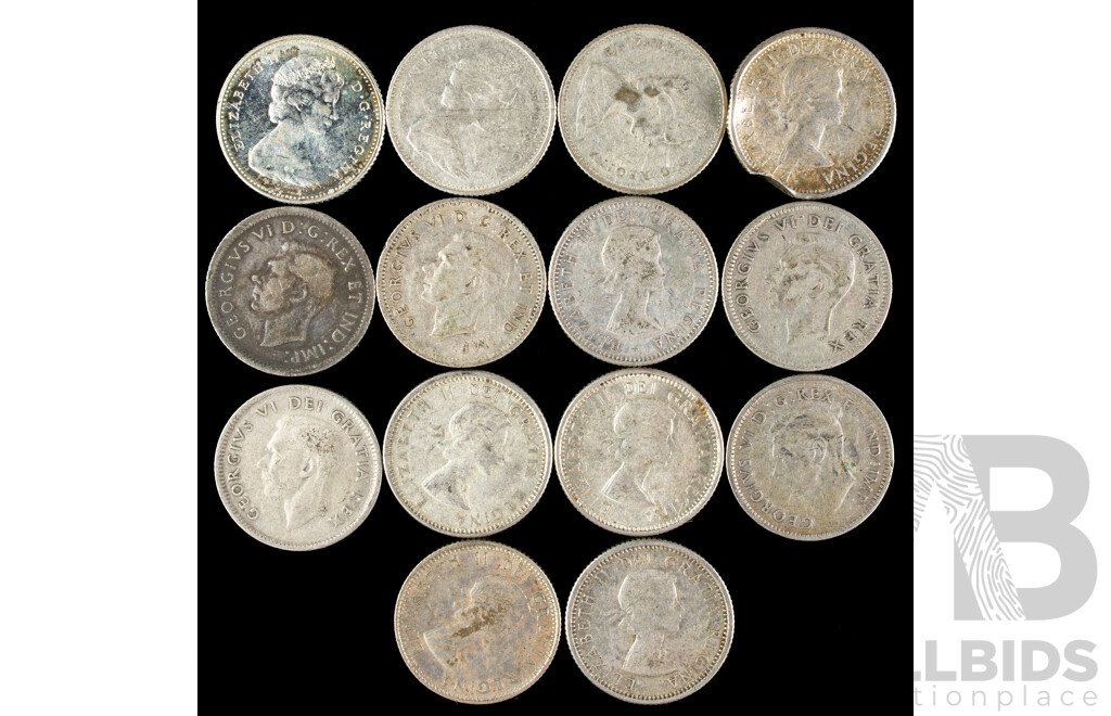 Fourteen Canadian Silver KGVI/QE2 Ten Cent Coins, Examples Spanning 1938 to 1968  .800