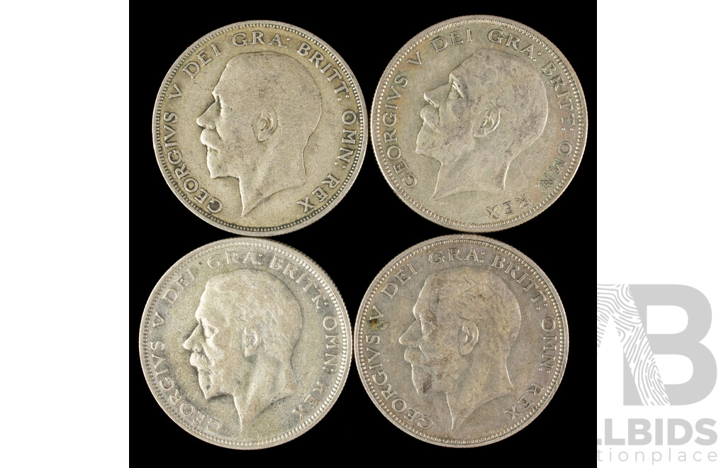 Four Great Britain KGV Silver Half Crowns, 1921, 1928, 1933, 1935  .500