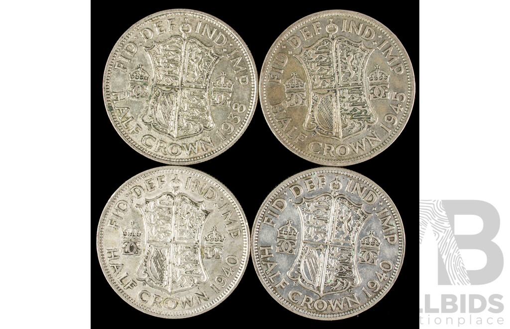 Four Great Britain KGVI Silver Half Crowns 1938, 1940(2) 1945  .500
