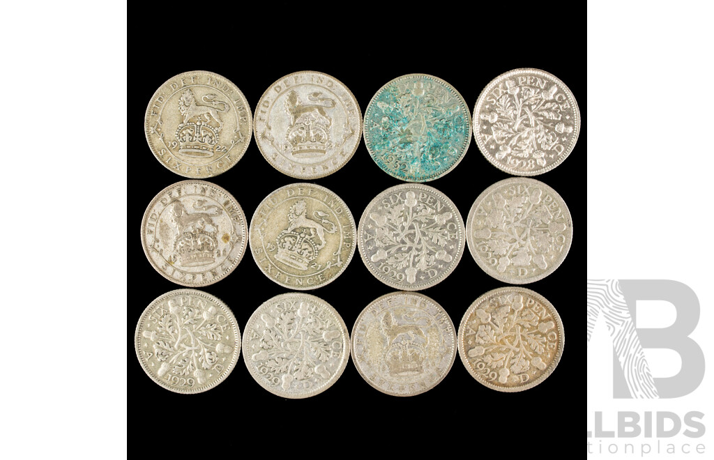 Twelve Great Britain KGV Silver Sixpence, Examples Spanning 1921 to 1932  .500