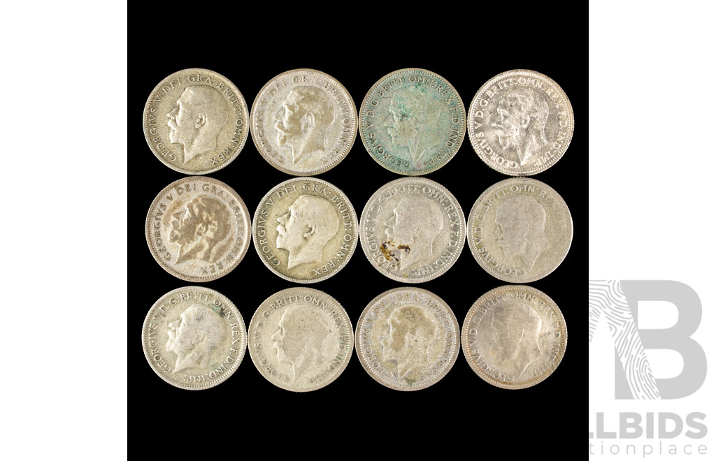 Twelve Great Britain KGV Silver Sixpence, Examples Spanning 1921 to 1932  .500