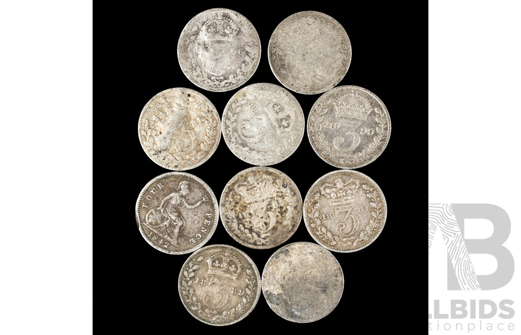 Ten Great Britain QV Silver Threepence, Examples Spanning 1846 to 1899  .925