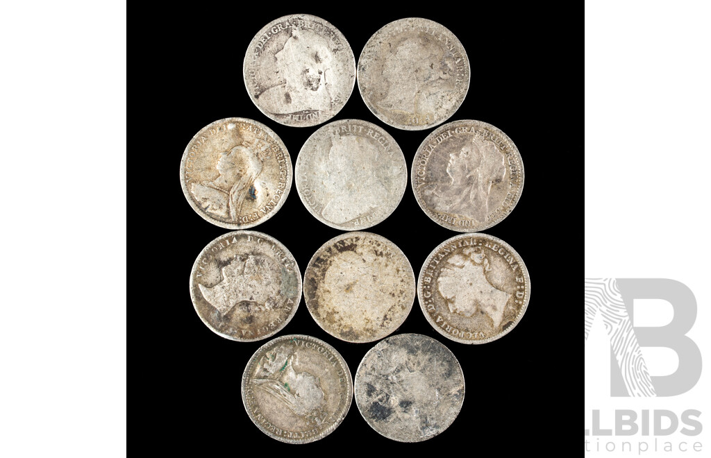 Ten Great Britain QV Silver Threepence, Examples Spanning 1846 to 1899  .925
