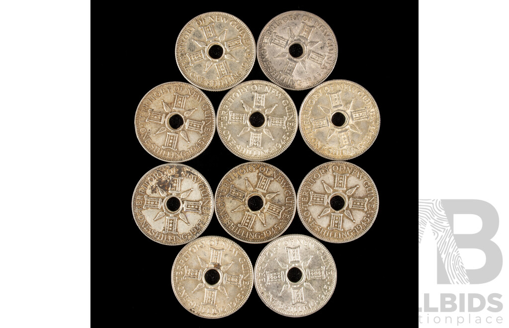 Ten Papua New Guinea 1945 Silver Shillings .925